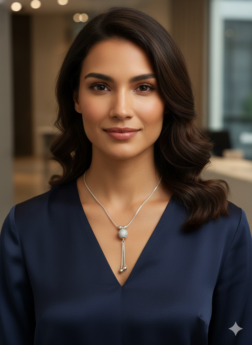 Silver Tone Crystal Sphere Pendant Necklace with Tassel Drop Detail