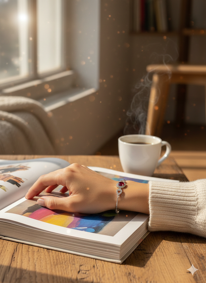 Adjustable Silver Bolo Bracelet with Red Gemstone & Pave Hearts