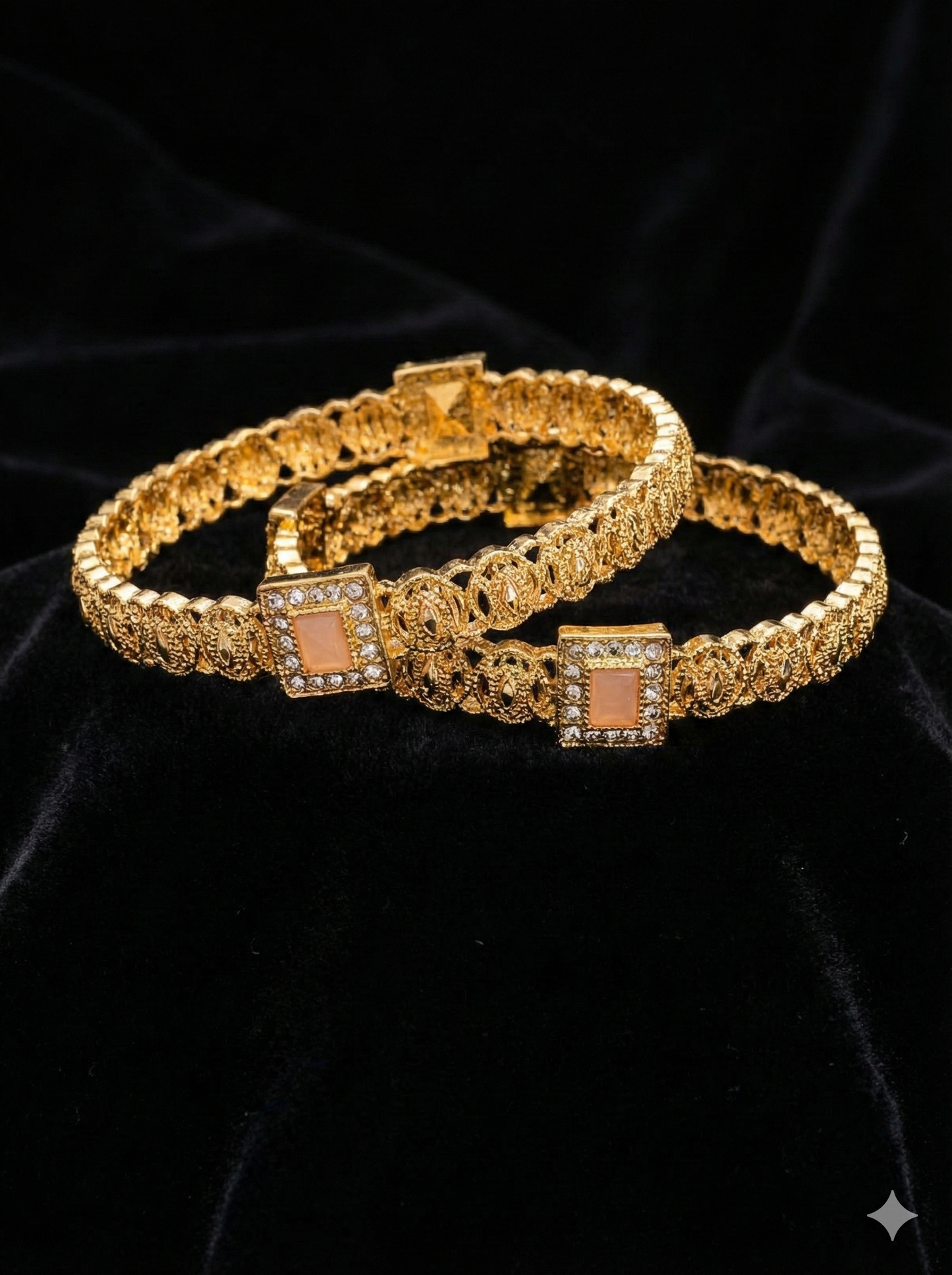 Ornate Gold Plated Crystal Bangles Set with Square Stone