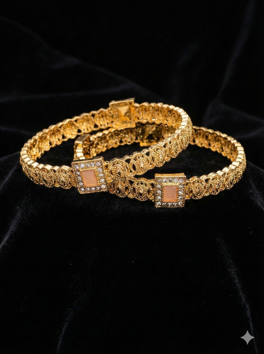 Ornate Gold Plated Crystal Bangles Set with Square Stone