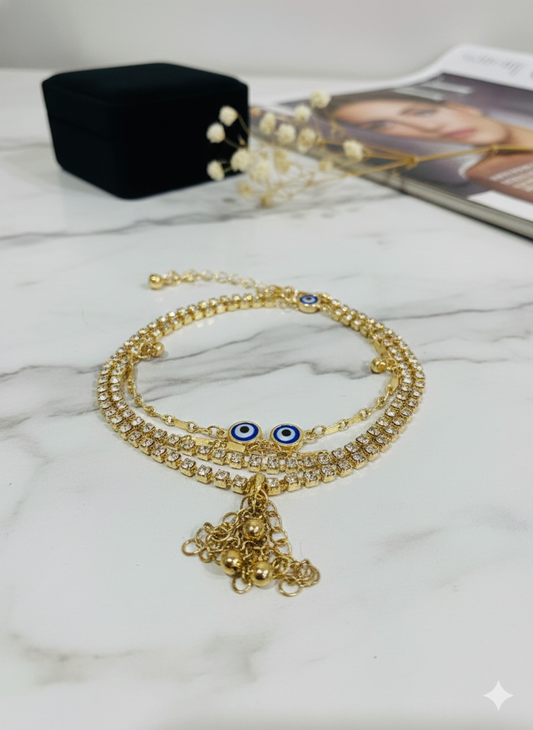 Triple-Layer Gold Glam Bracelet with Evil Eye Charms & Crystals