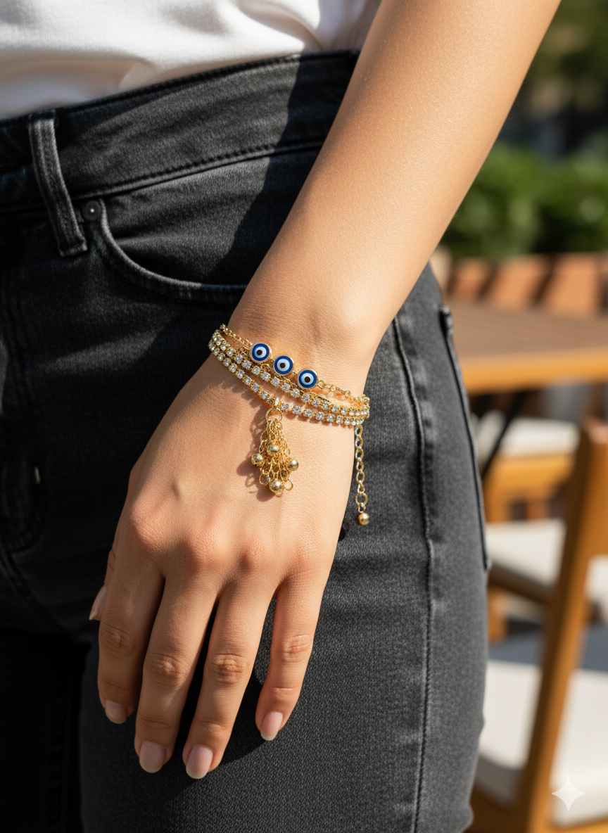 Triple-Layer Gold Glam Bracelet with Evil Eye Charms & Crystals