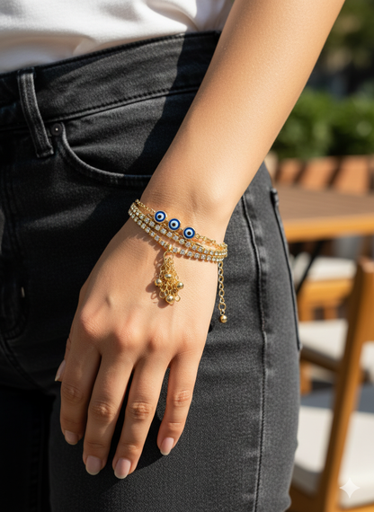 Triple-Layer Gold Glam Bracelet with Evil Eye Charms & Crystals