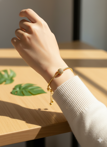 Gold Slider Bangle Bracelet - Sparkle Bead & Charm Detail