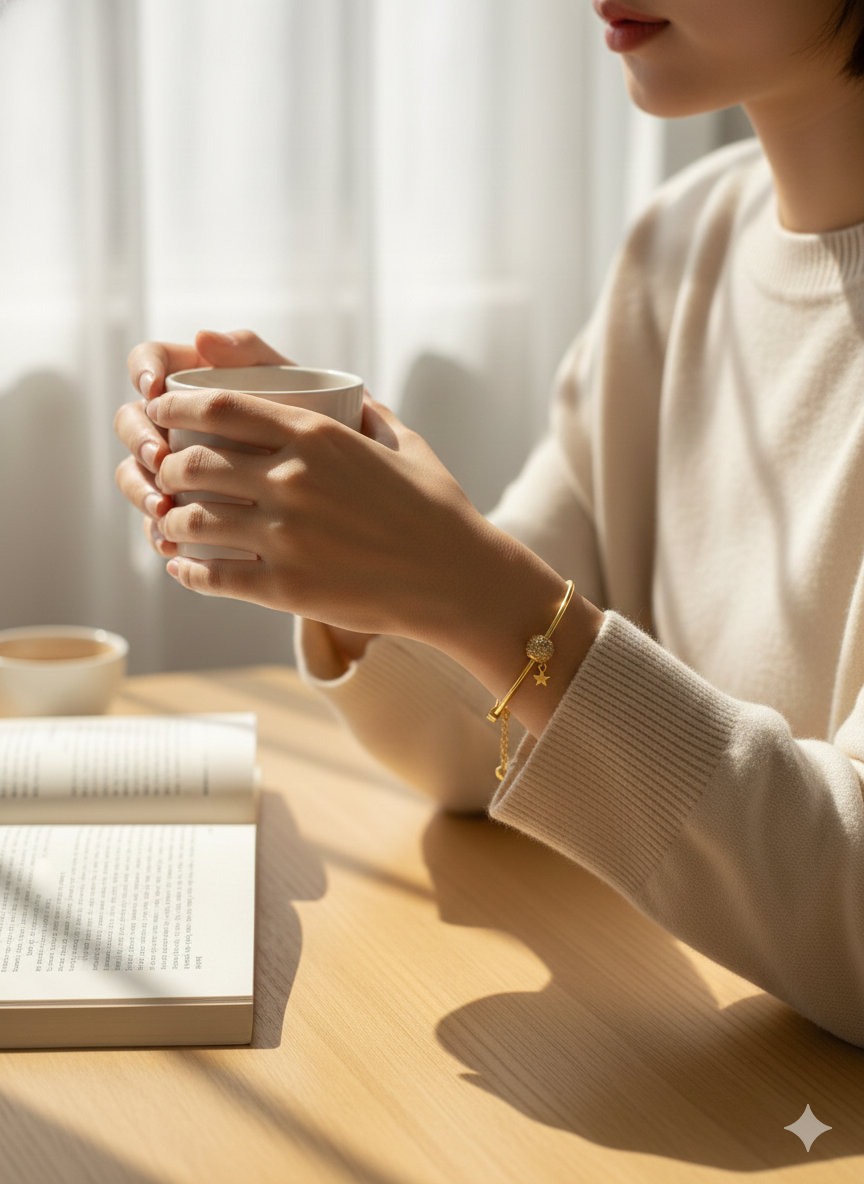 Gold Slider Bangle Bracelet - Sparkle Bead & Charm Detail