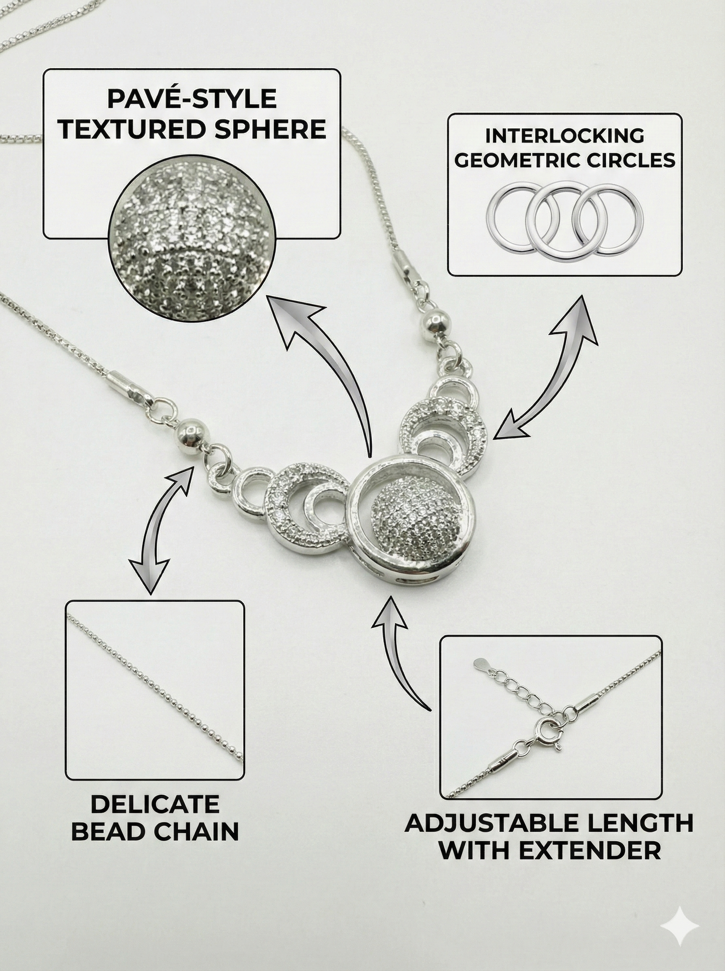 Elegant Triple Ring Silver Necklace with Shimmering Crystal Ball Pendant