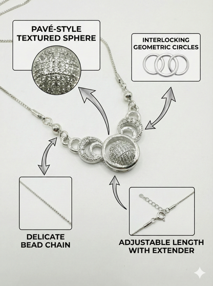 Elegant Triple Ring Silver Necklace with Shimmering Crystal Ball Pendant