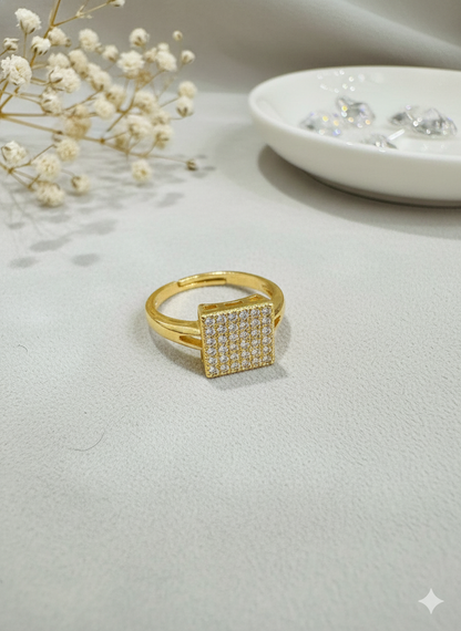 Gold Pave Square Signet Ring - Adjustable Fit