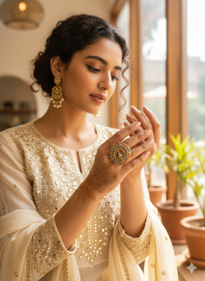 Antique Gold Finish Multicolor Peacock Ring