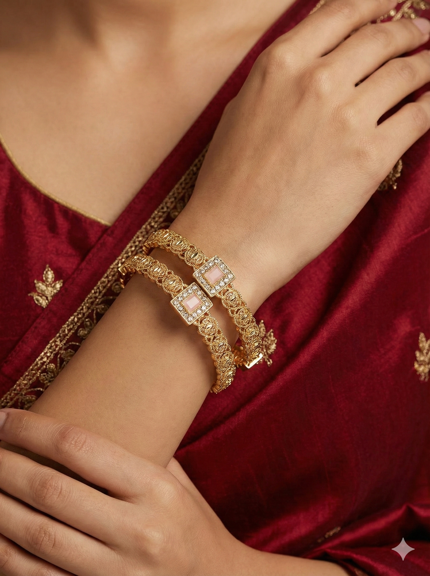 Ornate Gold Plated Crystal Bangles Set with Square Stone