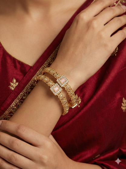Ornate Gold Plated Crystal Bangles Set with Square Stone