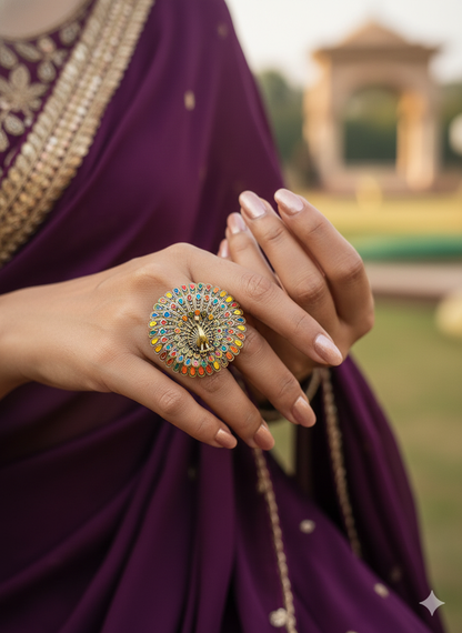 Antique Gold Finish Multicolor Peacock Ring