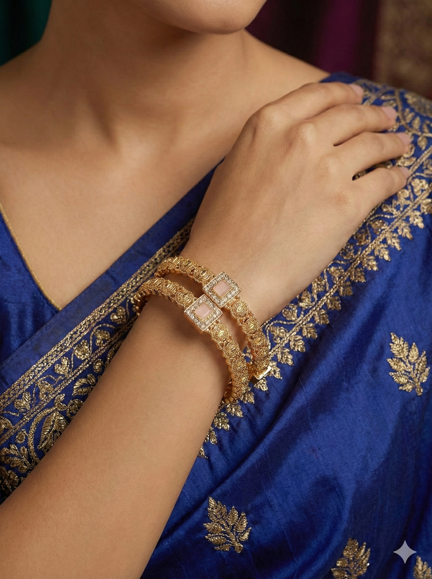 Ornate Gold Plated Crystal Bangles Set with Square Stone