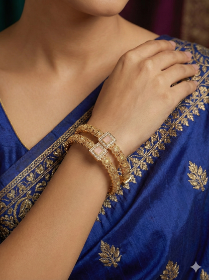 Ornate Gold Plated Crystal Bangles Set with Square Stone