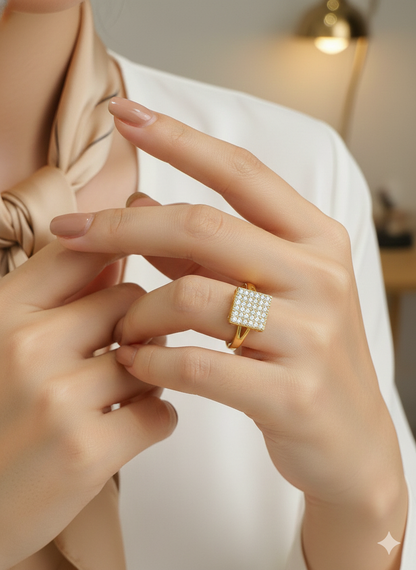 Gold Pave Square Signet Ring - Adjustable Fit