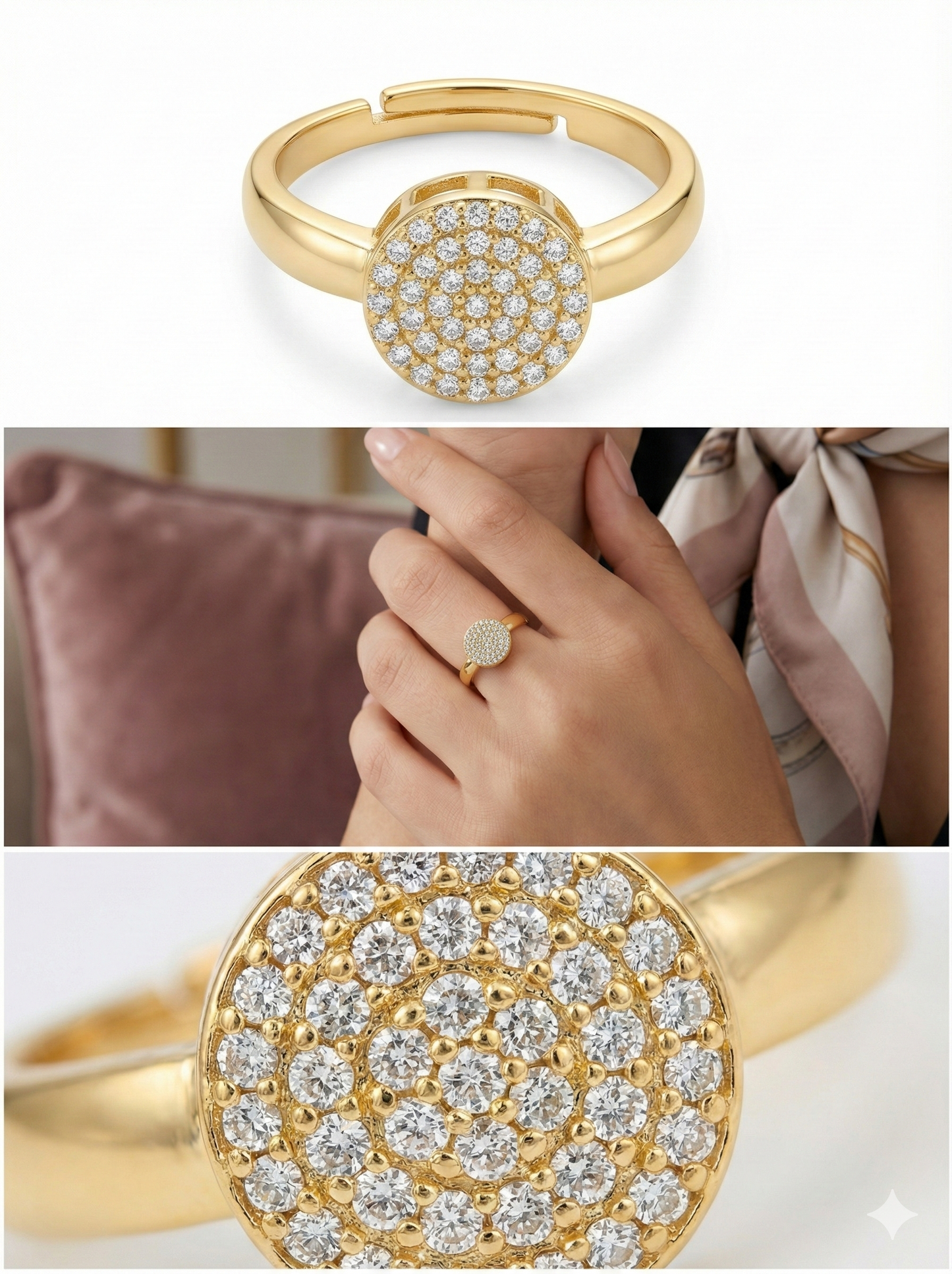 Women's Adjustable Gold Pave Round Ring with Clear Stones