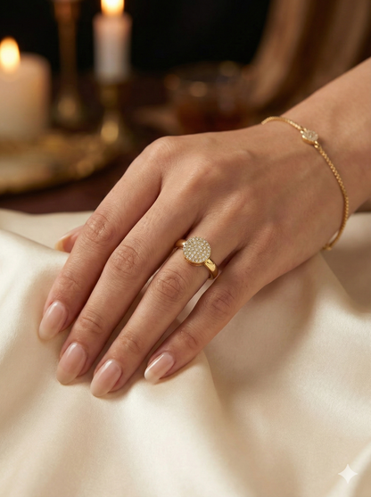 Women's Adjustable Gold Pave Round Ring with Clear Stones