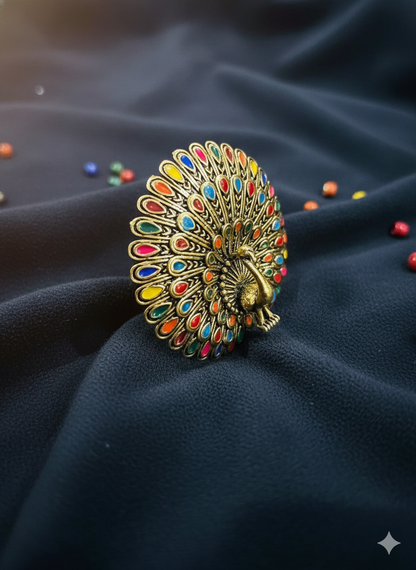 Antique Gold Finish Multicolor Peacock Ring