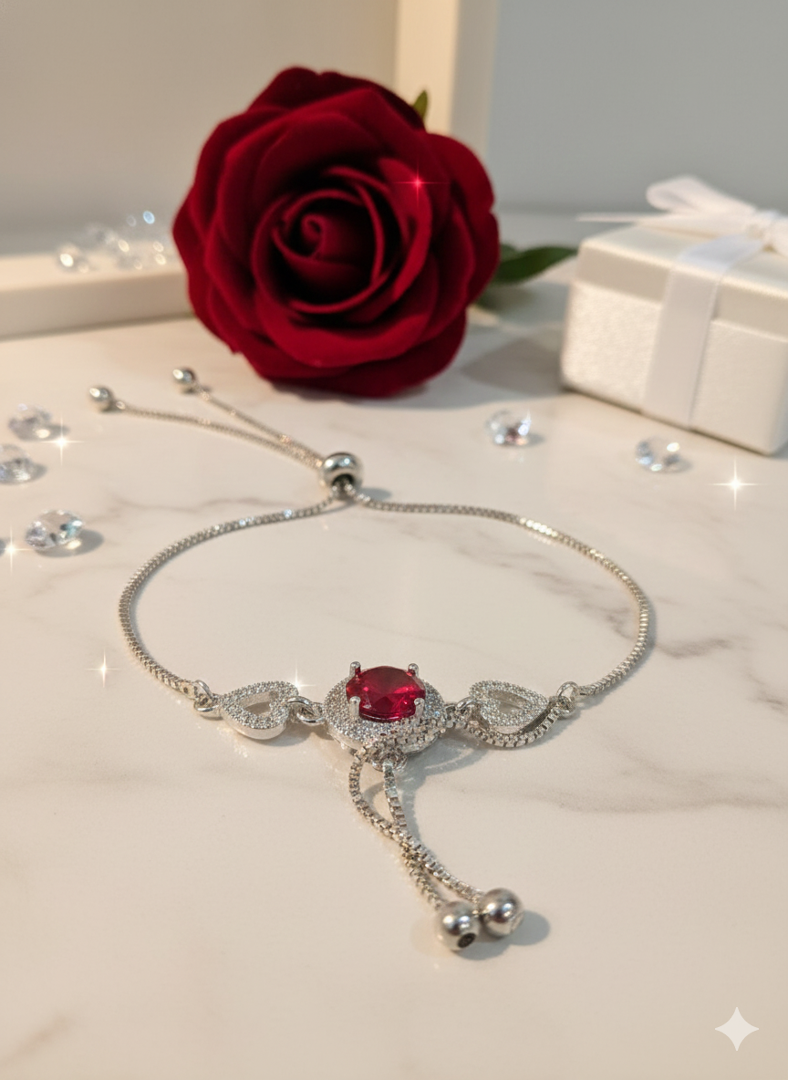 Adjustable Silver Bolo Bracelet with Red Gemstone & Pave Hearts